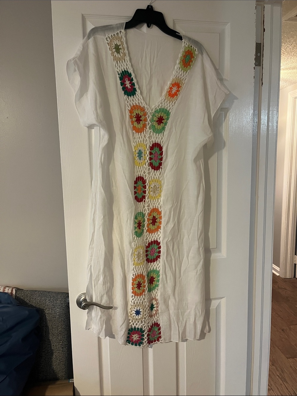 SHEIN White Swim Coverup with Multicolor Crochet Panel